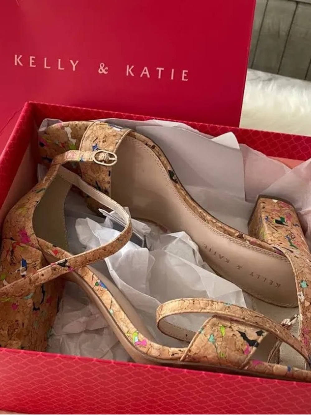 Kelly & Katie Speckled Cork Block Heel Sandals in Natural Multicolor